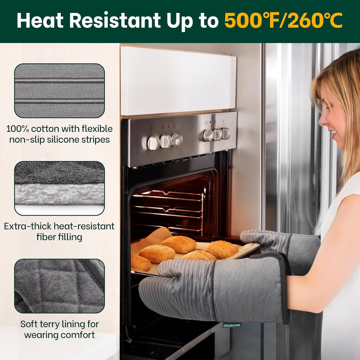 Beneno Kitchen Oven Mitts 2-Pack Heat Resistant to 500°F with Non-Slip Silicone Grip, Extra Long 14.3" Forearm Protection, Soft Quilted Cotton Terry Lining, Ideal for Cooking, Baking, Grilling, Gray