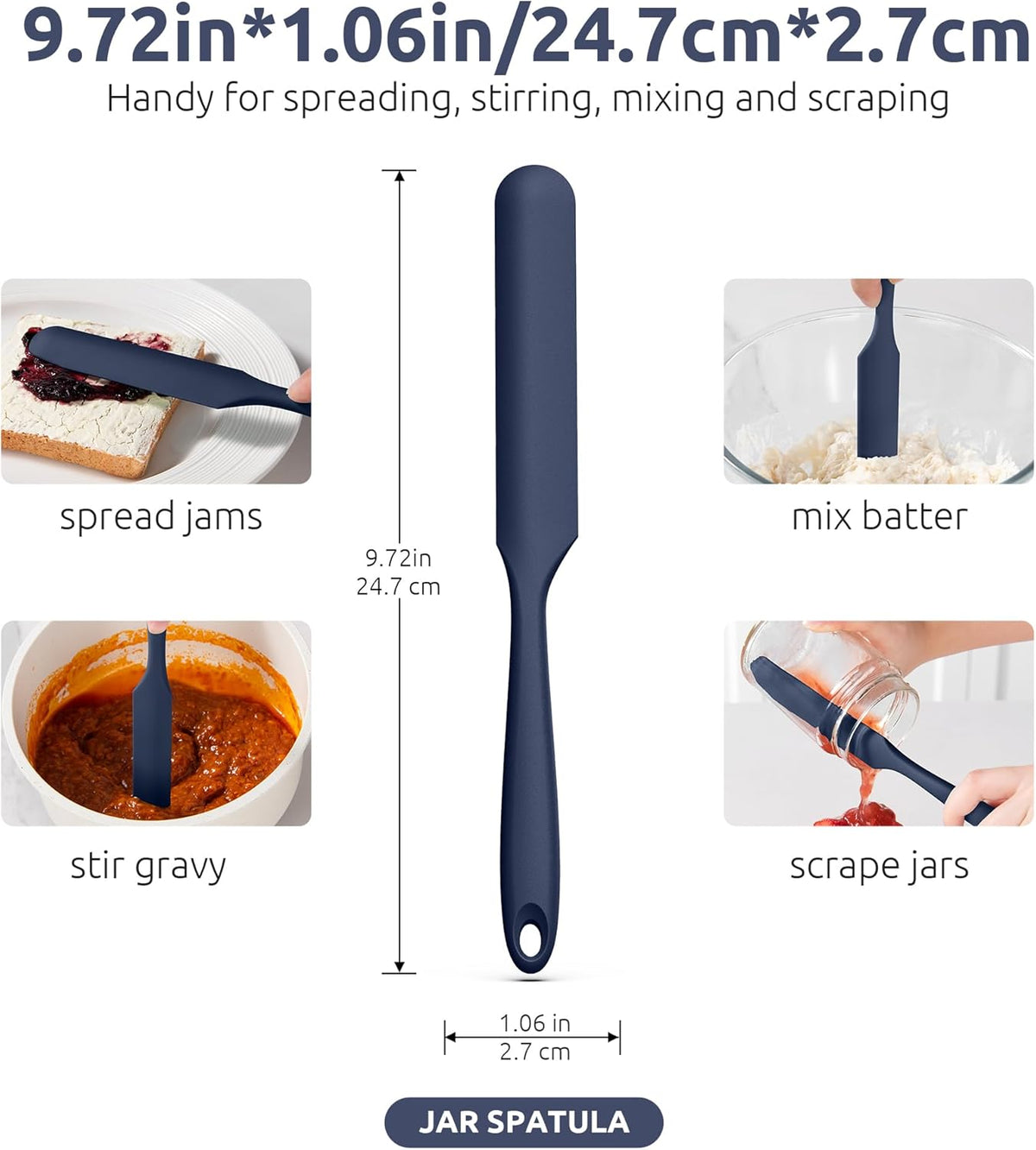 U-Taste Skinny Silicone Jar Spatula: 600ºF Heat-Resistant Food-Grade 10in Long Narrow Sourdough Stirring Stick, Seamless Flexible Peanut Butter Spreader for Scraping Icing Cream, Jam (Midnight Blue)