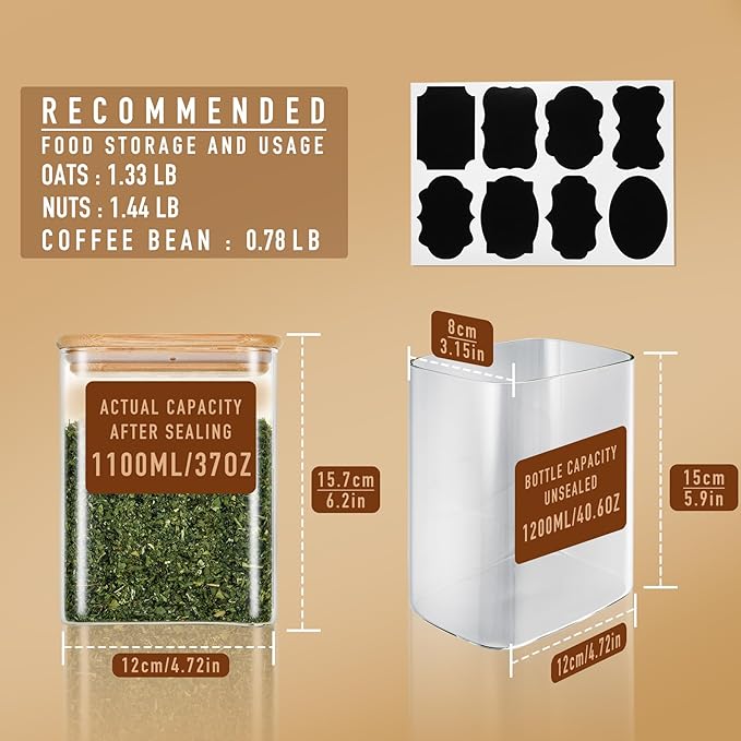 37oz Rectangle Airtight Glass Storage Containers with Bamboo Lids (Set of 4), Square Food Storage Jar, Pantry Organizers for Cereal, Nuts, Snacks and Coffee beans (‎with Black Lable)