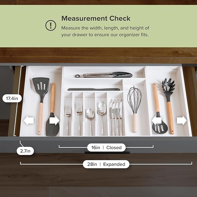 Premium Silverware, Flatware and Utensil Organizer for Kitchen Drawers, Food-Safe Contract Grade, Expandable from 16 to 28 In, White Bamboo