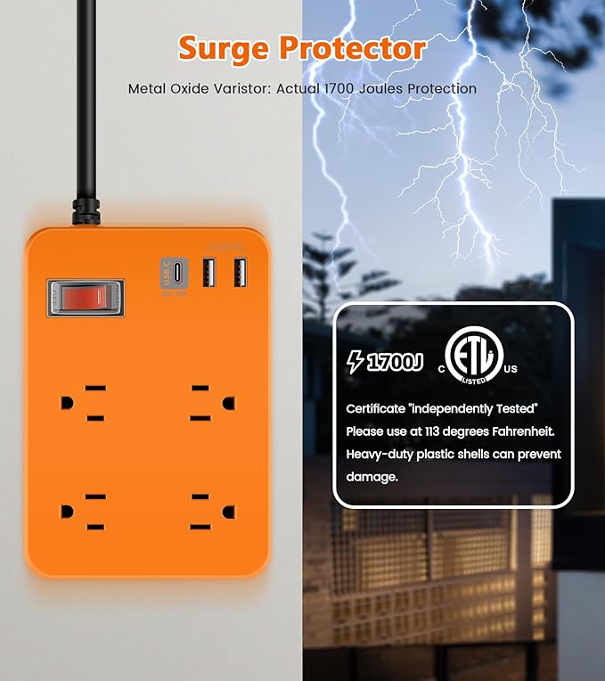 Outdoor Power Strip Weatherproof,Fast Charging Station 20W USB C,Waterproof Surge Protector 4 Outlets, Multi Outlet Extension for Camping, Garden, Kitchen,Bathroom,Flat Plug (Orange, 25 FT Cable)