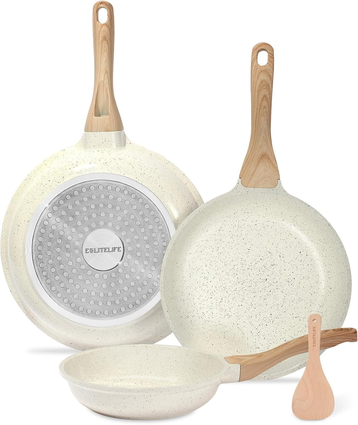 ESLITE LIFE Nonstick Ceramic Frying Pans Skillets Set, Non-Toxic Egg Omelette Kitchen Cooking Pans Compatible with All Stovetops (Gas, Electric & Induction), PTFE & PFOA Free (White)