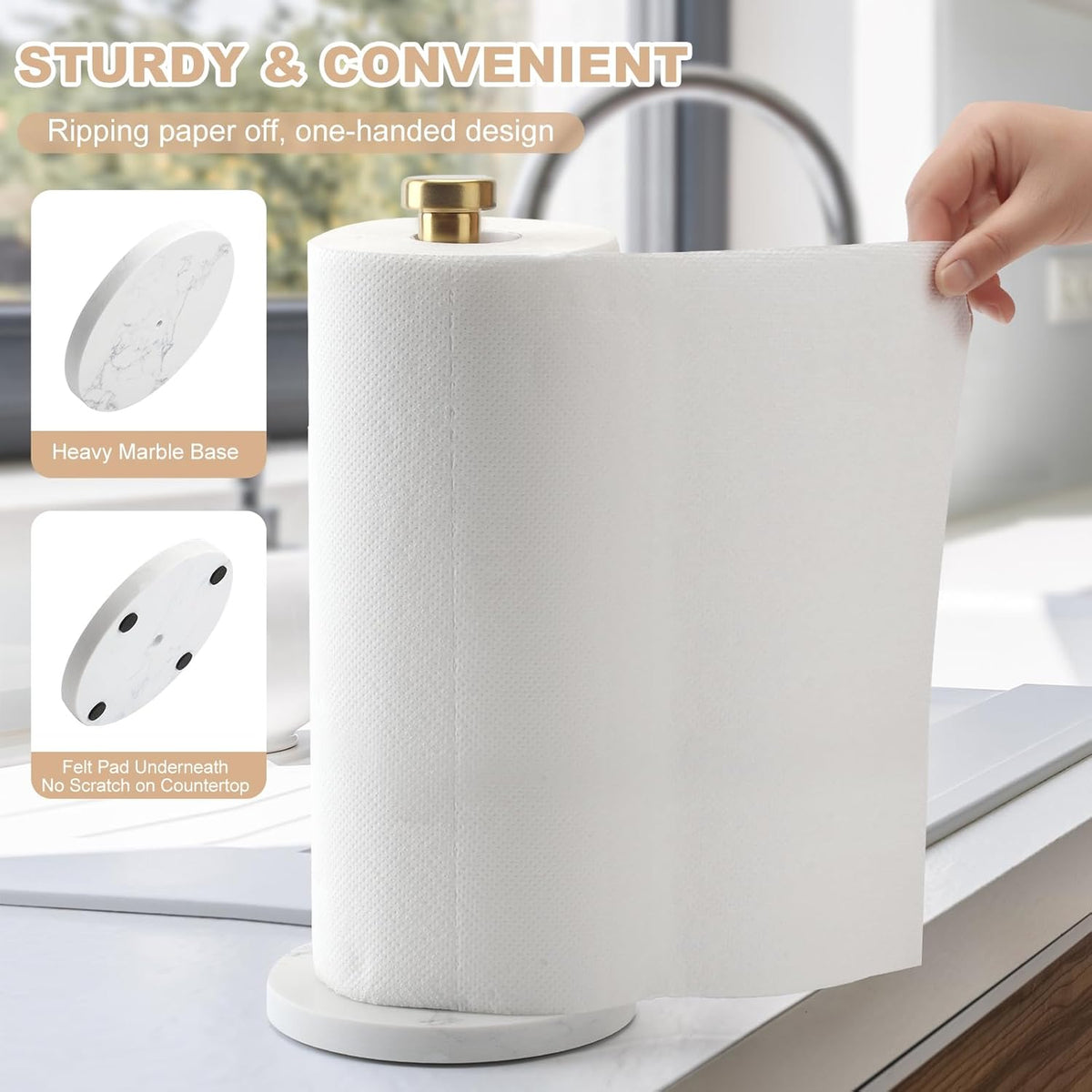 Standing Paper Towel Holder, Kitchen Paper Towel Roll Holder- for Bathroom Kitchen Countertop with Weighted Marble Base for One-Handed Operation (Gold), Marble Paper Towel Holder.…
