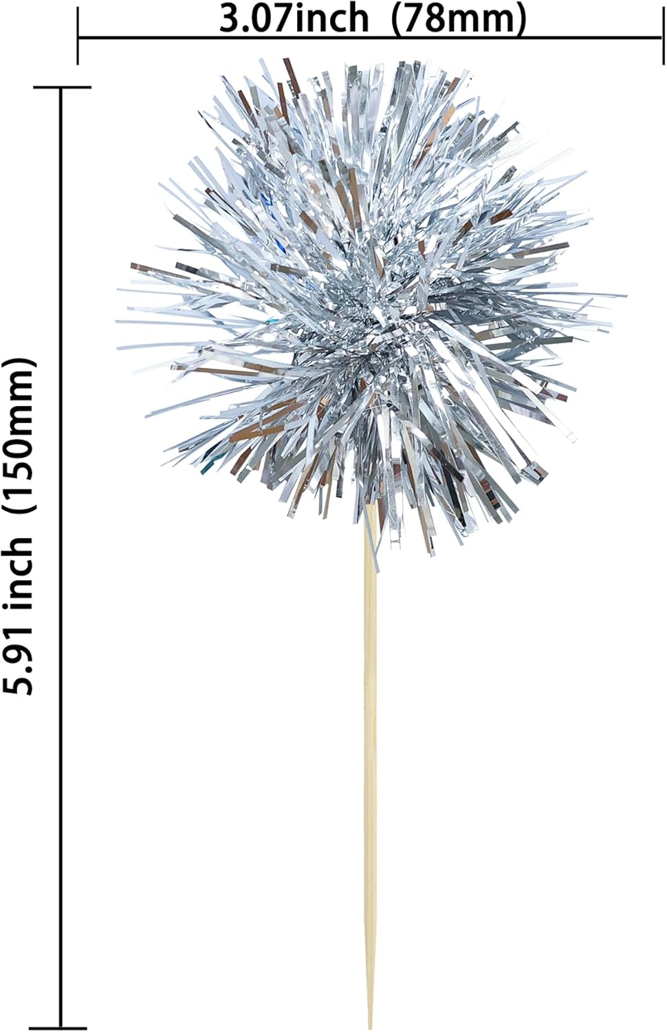 Ephlyn 30Pcs Foil Firework Cupcake Toppers Sparkle Tinsel Cupcake Picks Happy Birthday Cake Toppers Drink Stirrers Cocktail Food Fruit Toothpicks for Baby Shower Birthday Party Supplies Silver