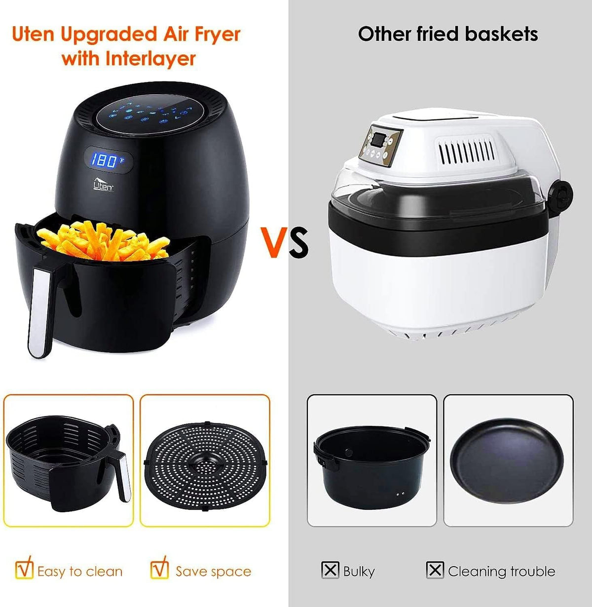 Air Fryer 6.9QT/6.5L, Uten 1700W High-power 8 in 1 Deep Frying Mode, Rapid Heating up, Non-Stick Oven, Oilless Cooking, Fast Heat up/Time Control, LED Digital Touchscreen, Black