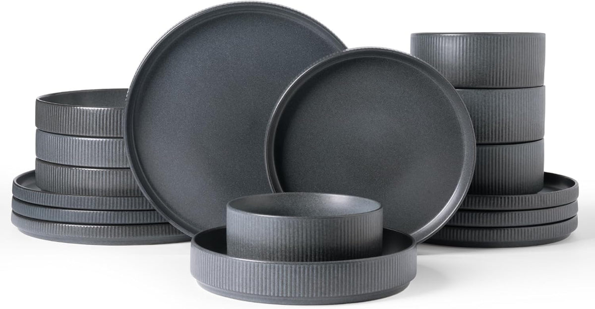 Famiware Star Dinnerware Set with Pasta Bowls, Service for 4 (16pcs), Ribbed Stoneware Plates and Bowls Dishes Sets - Chip & Scratch Resistant, Microwave & Dishwasher Safe, Matte Dark Charcoal