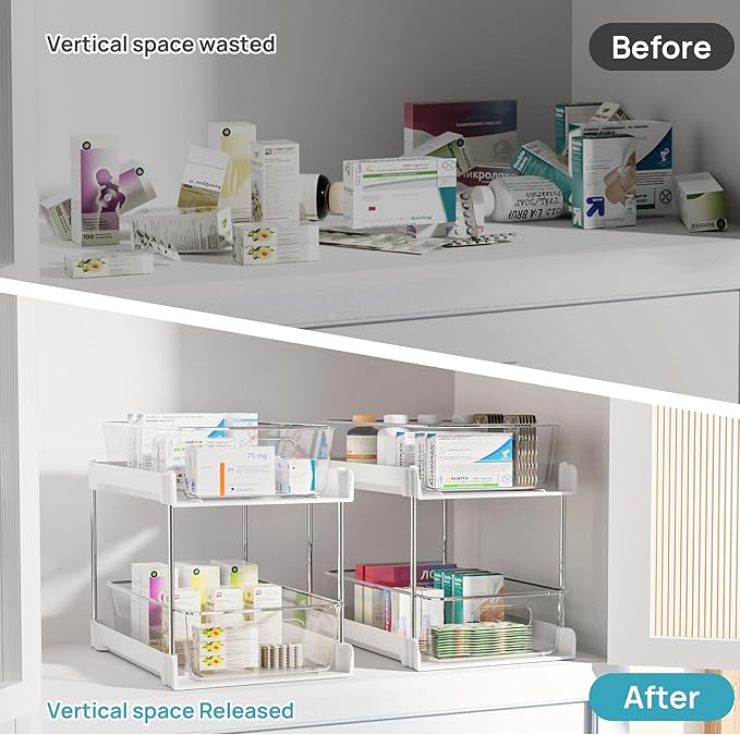 Vtopmart 4 Pack Bathroom Organizer, 2 Tier White Under Sink Organizers Vanity Countertop Storage Container,Cabinet Drawers Bins, Pull-Out Organization with Track for Pantry, Kitchen