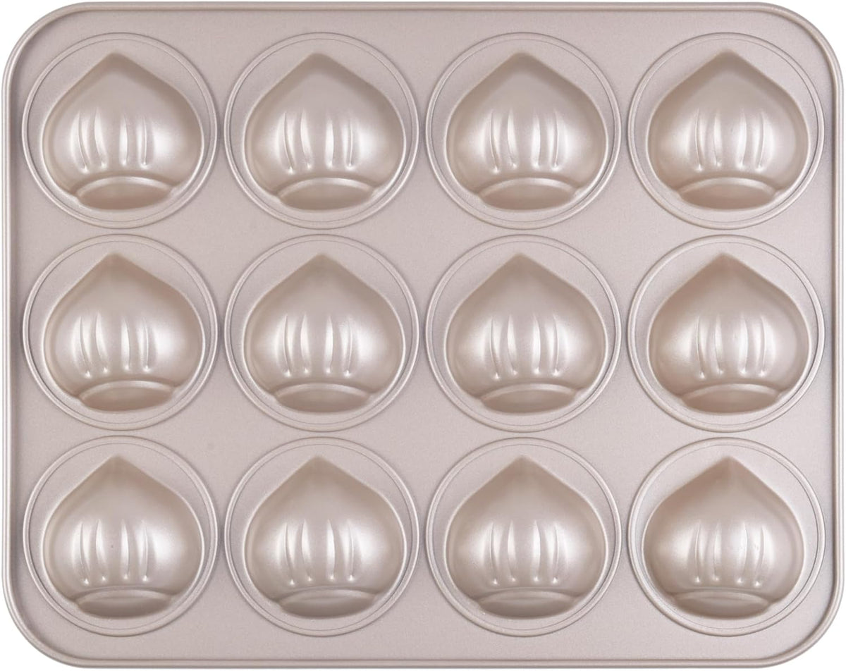 Muffin Cake Pan, Non-Stick 12-Cavity Chestnut-Shaped Bakeware for Oven Baking (Champagne Gold)