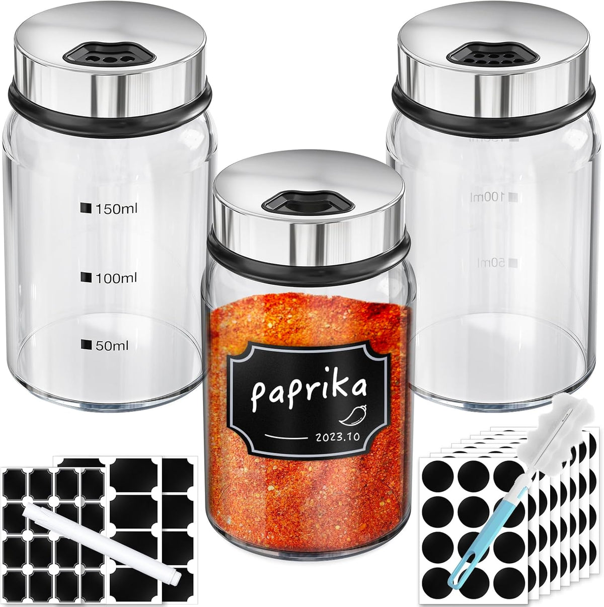 Segarty Glass Spice Jars, 3 Pack 5oz Spice Jars with Label, Empty Spice Containers with Shaker Lids, Seasoning Bottles with 136 Stickers, 1 Marker Pen and 1 Brush, Salt Pepper Shakers Set