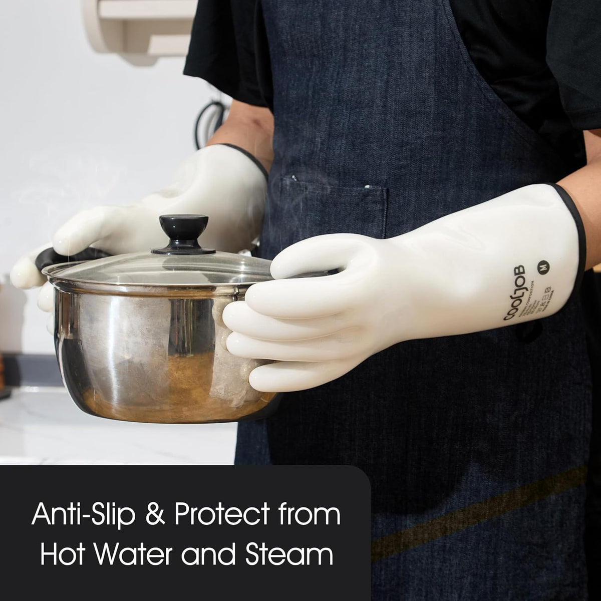 COOLJOB Heat Resistant Oven Gloves, Waterproof Liquid Silicone BBQ Grilling Gloves for Barbecue, Kitchen Cleaning, Baking, Food Contact, White, Medium