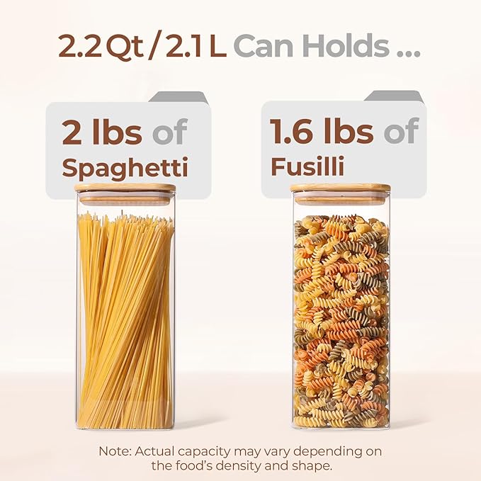 ComSaf 2.2 Qt Rectangle Glass Storage Containers with Lids, Glass Jars with Bamboo Lids, Clear Food Storage Jar, Tall Spaghetti Container, Pantry Storage Container for Pasta Flour Oats Nuts Rice