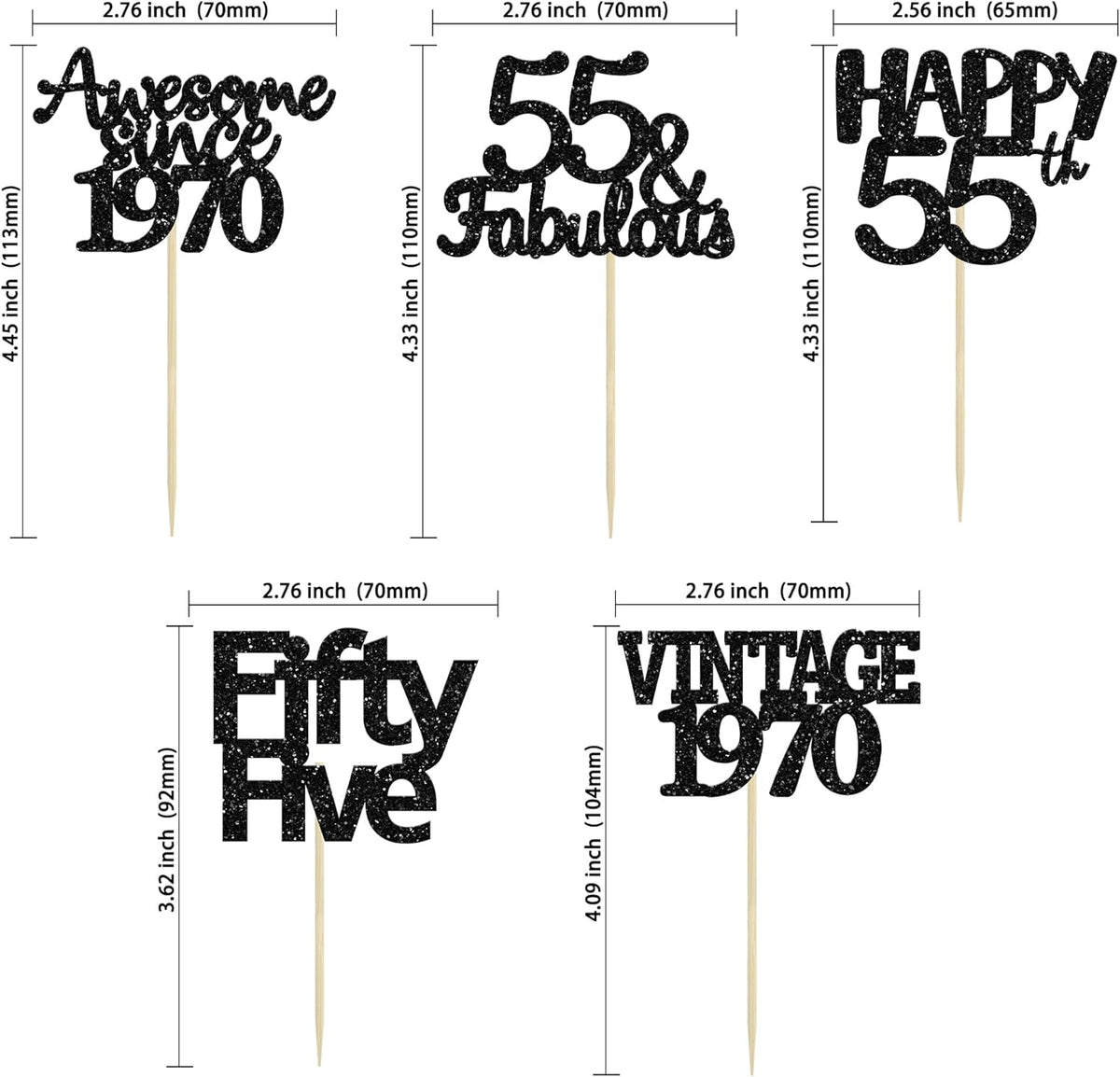 Gyufise 30 Pack Black Glitter Vintage 1970 Cupcake Toppers Glitter 55 Fabulous Happy 55 Cheers to 55 Years Birthday Cupcake Picks 55th Birthday Anniversary Cake Decorations Supplies