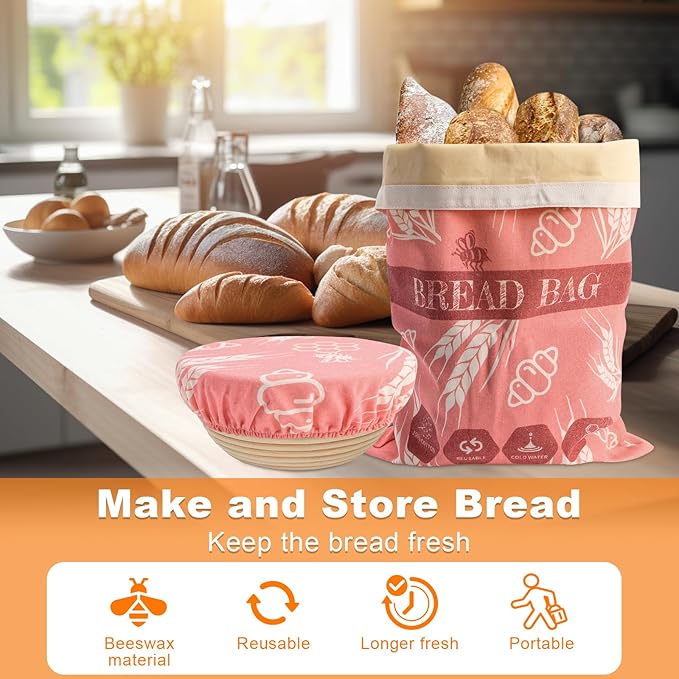 Beeswax Bread Bags with 10'' Reusable Bowl Covers for Homemade Bread, Extra Large Reusable Beeswax Bags Set for Storage Sourdough,Large Capacity Breads Storage Bag to Keep Fresh (Pink, 1 Pack)