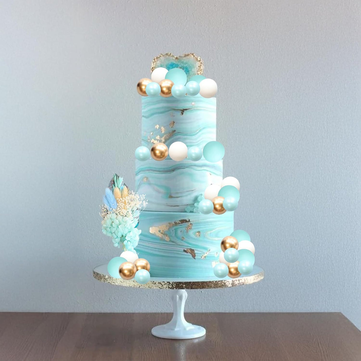 Gyufise 21 Pack Flower Boho Cake Topper Ball Cake Decorations Palm Leaves Plants Cake Decor for Girl Bohemian Princess Theme Wedding Baby Shower Birthday Party Supplies Blue