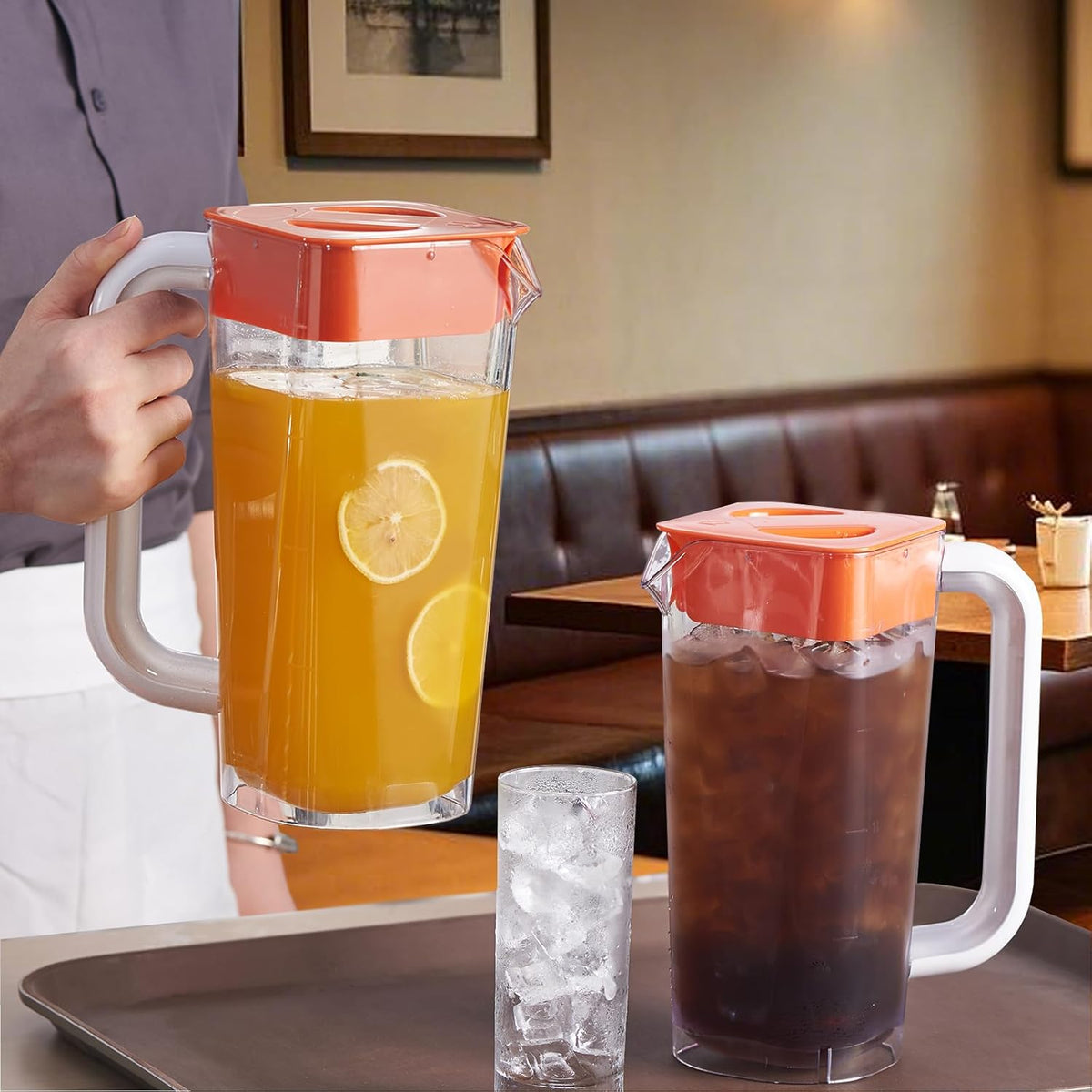 CURTA 2 Pack 2 Liters/68 oz Plastic Square Pitcher with Lid & Handle for Kitchen,ICED JUICE and Coffee Carafe Beverage Serveware, Acrylic Water Jug for Hot/Cold Drinks&lemonade