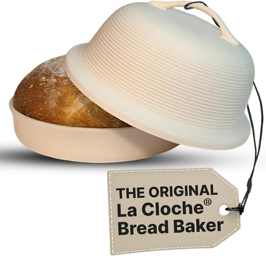 Sassafras Superstone Stoneware La Cloche Bread Baker, Unglazed, Baking Stone for Bread, Capacity 5QT 12”D x7”H with handle, Withstands Temperature 500-2100 Fahrenheit