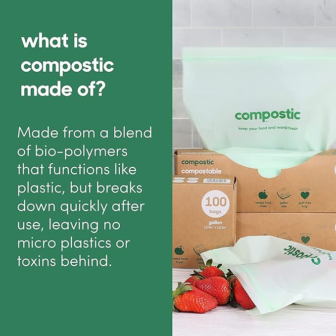 Home Compostable Resealable Gallon Bags (10.5"x10.5"), Microwave & Freezer Safe, Organic Food Storage Container, 100 Count (Pack of 1)