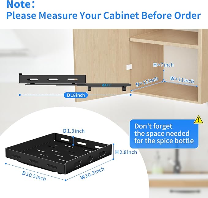 Pull Out Spice Rack Organizer for Cabinet, Heavy Duty Spice Organizer, Vertical Spice Rack Organizer for Kitchen, Cabinet, Pantry (10.5''Wx10.5''Dx2.8''H, Metal Black)