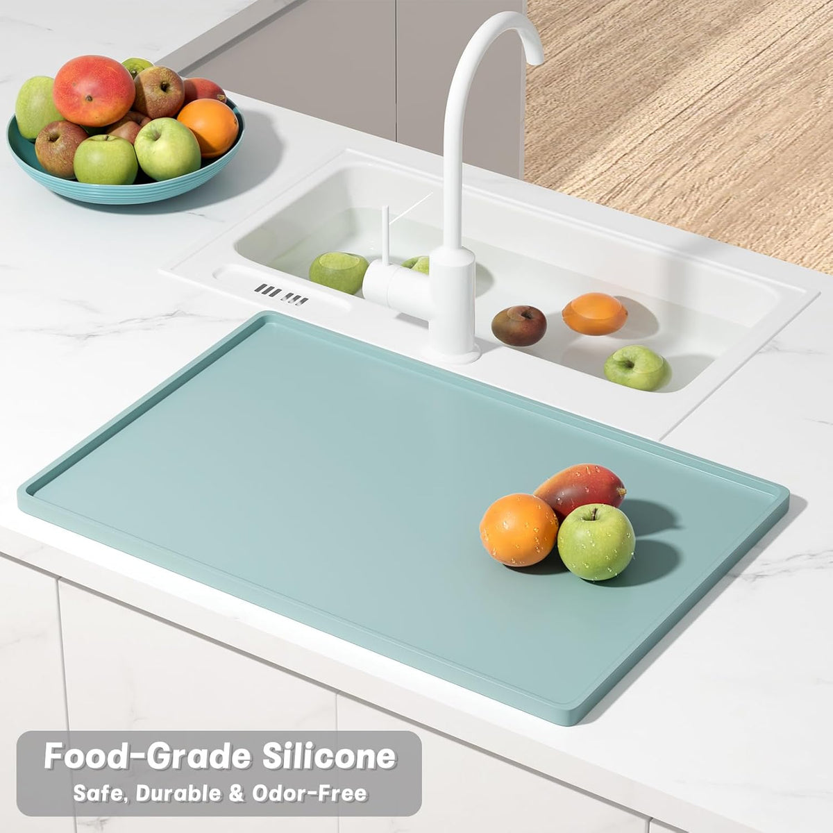 Rnivvi Silicone Coffee Mat, 12" x 19" Waterproof Raised Edge Coffee Bar Mats for Espresso Machine Station Accessories, Heat Resistant Dish Drying Pad for Kitchen Counter, Bar Decor Pad, Shadow Green