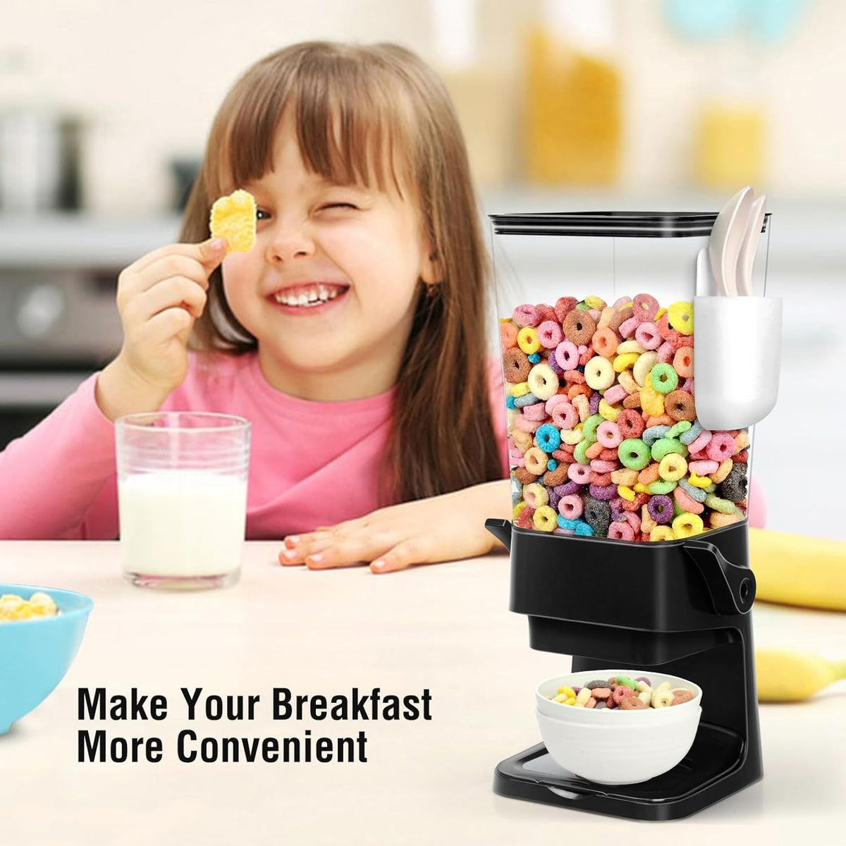 Cereal Dispenser Countertop with 2 Pack Bowls and Spoons 5.5 Qt Large Cereal Storage Container Holder for Pantry Dry Food Nut Dispenser Snack Candy Organizer Kitchen Organization for Oatmeal Granola
