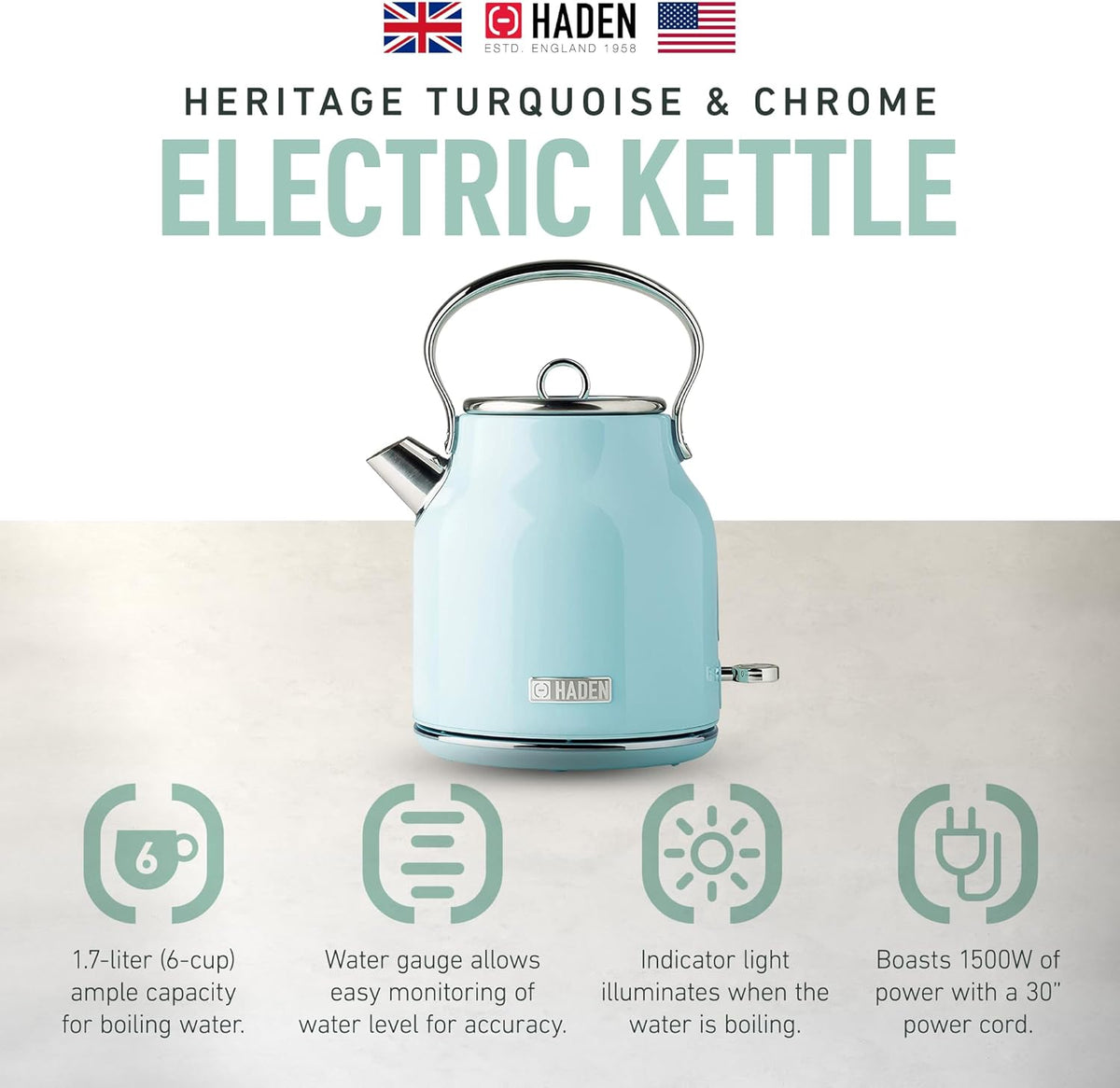 Haden Heritage 1.7 Liter Stainless Steel Electric Kettle, Hot Water Kettle with 360-Degree Base and Auto Shutoff, Turquoise & Chrome