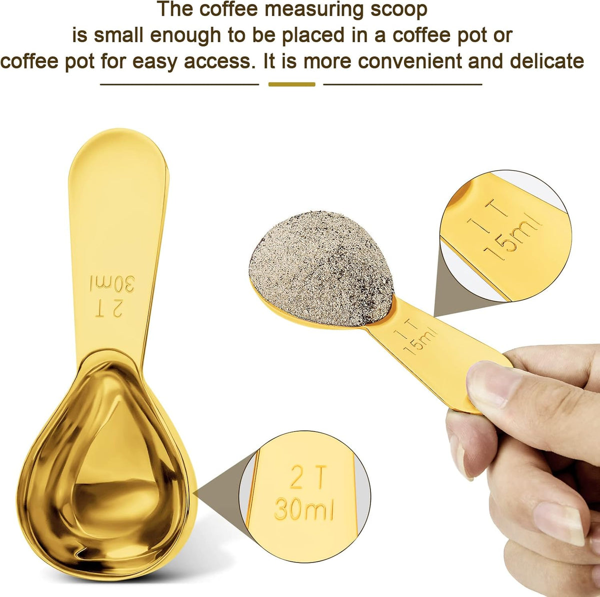 Stainless steel coffee scoop 2-piece set (1 tbsp, 2 tbsp) durable Tablespoon, ergonomic measuring spoon, Suitable for small and large jars，short-handled spoon (Gold)