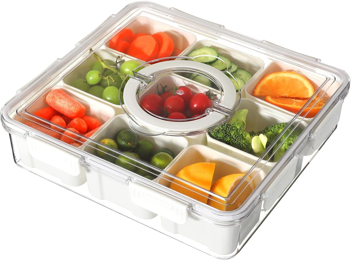 Taiuloo Divided Serving Tray with Lid & Handle, Airtight 9 Compartment Snackle Box Charcuterie Container, Fridge Organizer Bins, Food Storage Container Veggie Tray for Snack, Fruit, Candy, Nuts