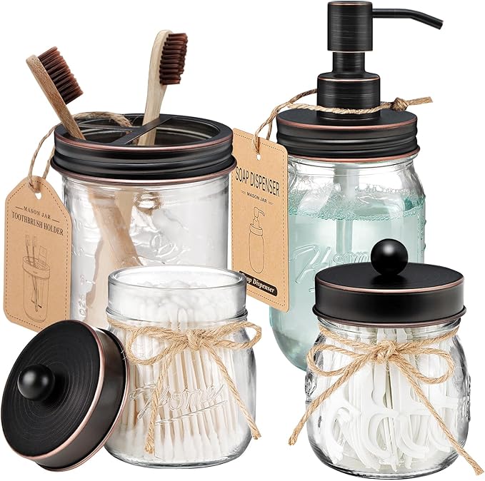 Amolliar Mason Jar Bathroom Accessories Set 4 Pcs -Lotion Soap Dispenser & 2 Qtip Holders & Toothbrush Holder - Rustic Farmhouse Decor, Bathroom Home Decor, Perfect Decorating Idea (Oil Rubbed Bronze)
