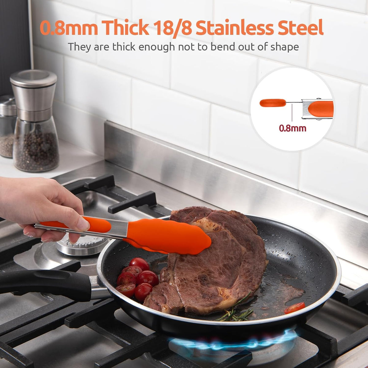 600ºF Heat Resistant Kitchen Tong: U-Taste 7 inch Silicone Cooking Tong with Firm Sealed Non Stick Rubber Tips & Silicon Coated 18/8 Stainless Steel Handle & Smooth Locking for Serving Salad (Orange)