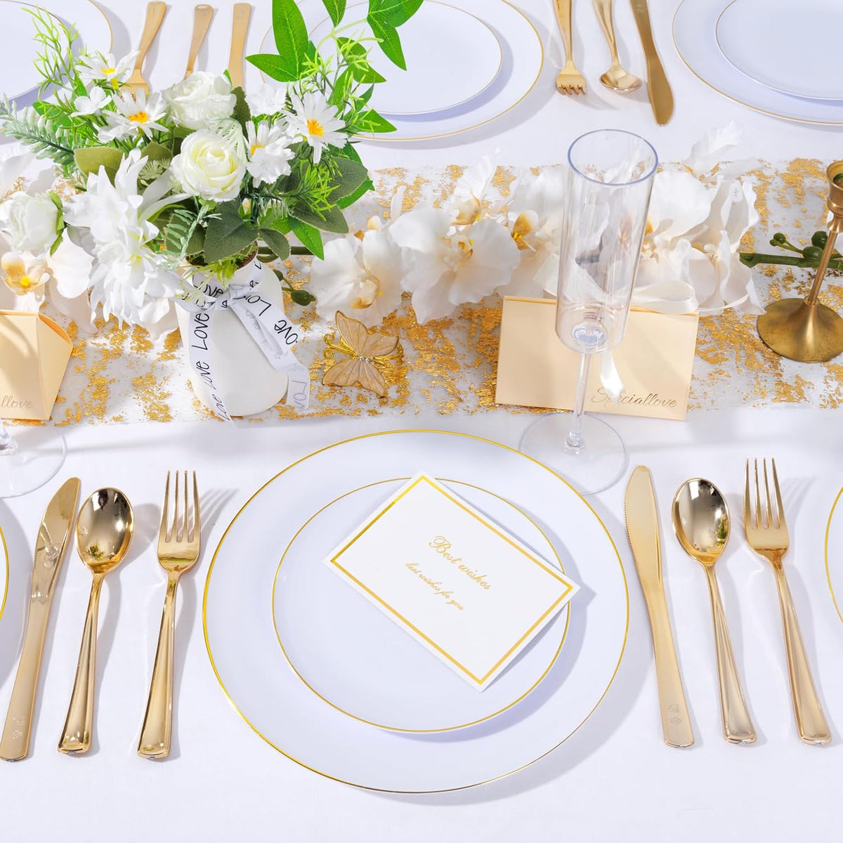 KIRE 200PCS Gold Plastic Plates - Disposable Plates for Party - White Plastic Plates with Gold Rim Include 100 for Dinner and 100 for Dessert/Salad in Wedding