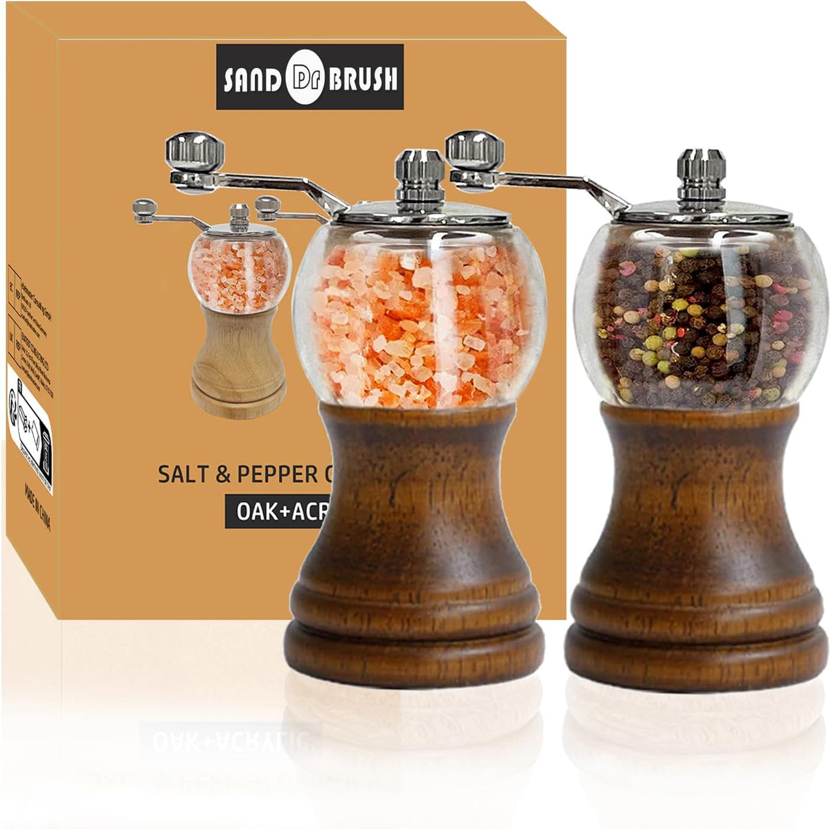 Salt and Pepper Grinder Set, Manual Pepper Grinder with Crank Handle, Adjustable Coarseness Pepper Grinder, Refillable for Sea Salt Black Pepper, Enjoy Fresh Ground Pepper Salts & Spices, Black-2-5in
