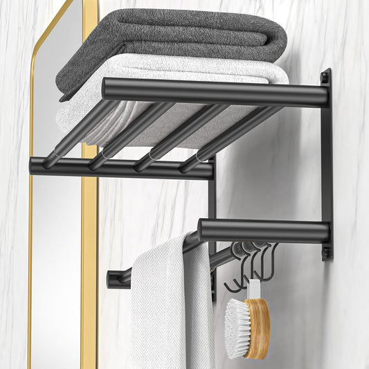 Adjustable Towel Bar for Bathroom Wall Mount17-30.7inch Adhesive Shower Towel Rack Stainless Steel Bath Towel Holders for Toilet Kitchen Double Towel Hanger (Black Mobile Hook Towel Rack)