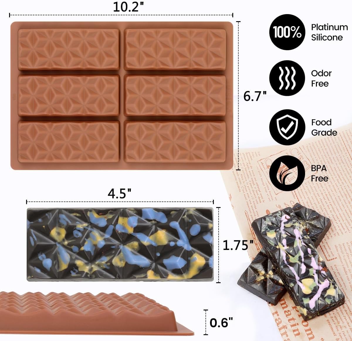 Deep Chocolate Bar Mold, Thick Silicone Chocolate Bar Mold for Stuffed Chocolate Bar, Wax Melt, Candy Bar Mold 2 Pack