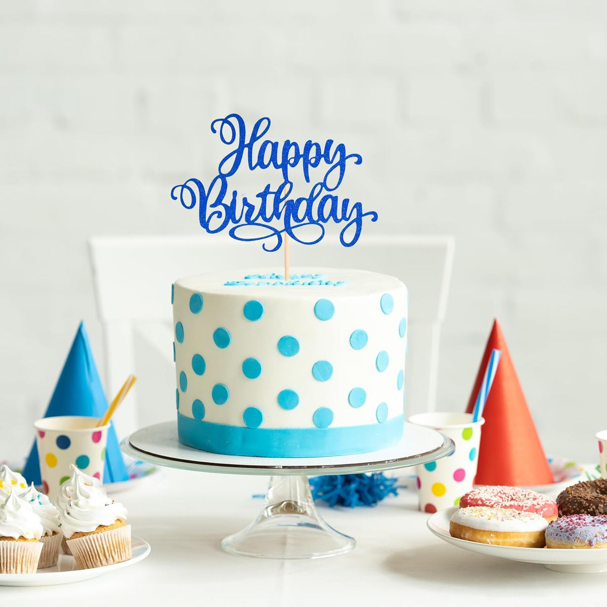 Happy Birthday Cake Toppers 9 Inch Glitter Happy Birthday Cake Pick for Birthday Anniversary Theme Party Cake Decorations Supplies - Dark Blue