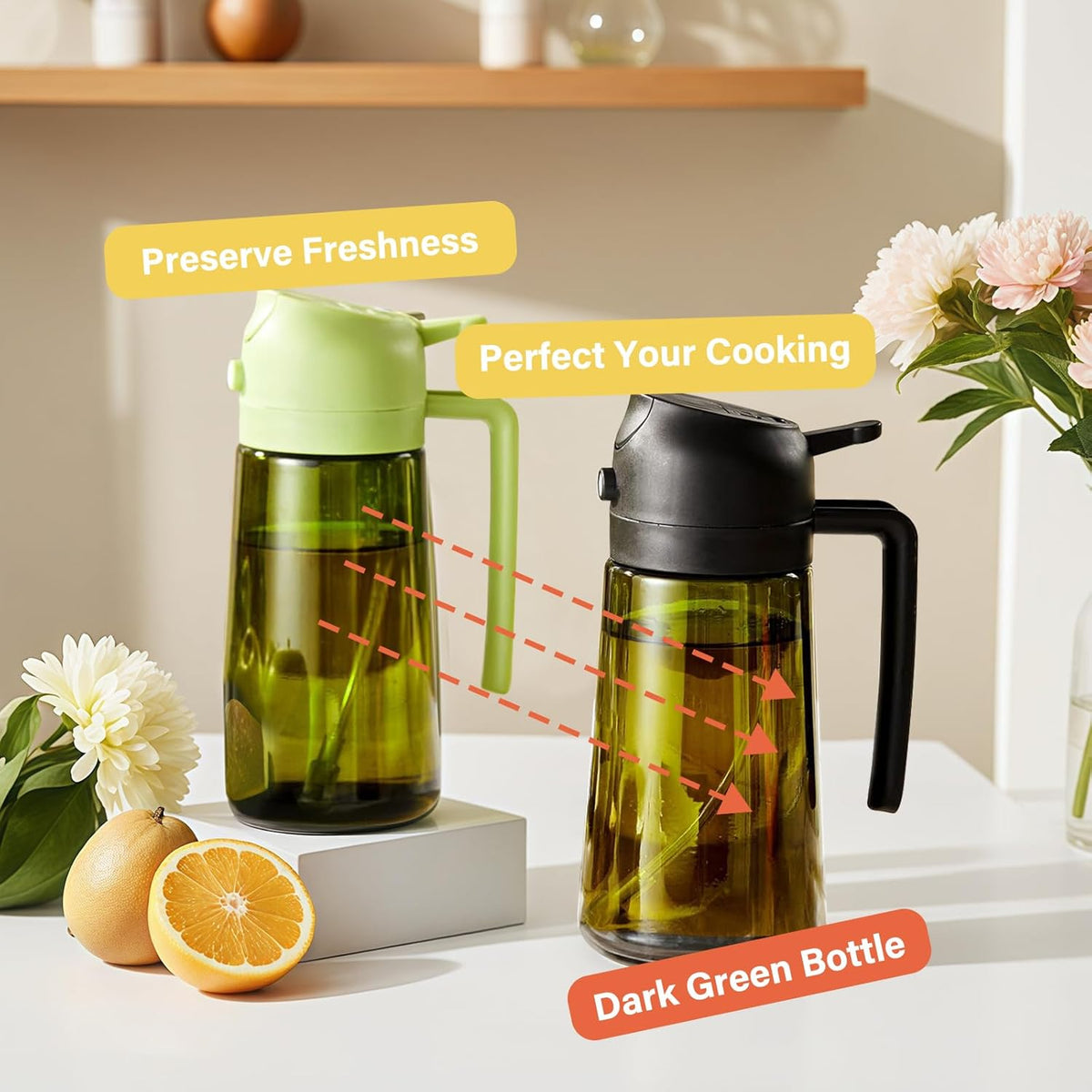 Oil Sprayer for Cooking, Kitchen Goddess 2 in 1 Spray and Pour Olive Oil Dispenser 16oz 450ml Glass Oil Spray Bottle, Mist Olive Oil Dispensing, Air Fryer, Dark Green (green)