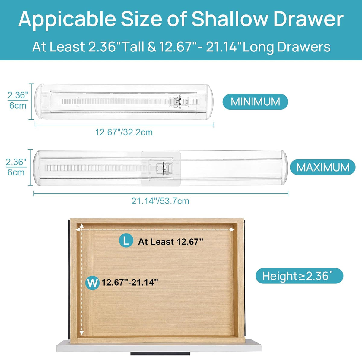 Vtopmart 4 Pack Shallow Drawer Dividers, 2.36" High 12.67"-21.14" Adjustable Expandable Kitchen Drawer Organizer, Clear Plastic Organizer Separators for Flatware, Utensil, Cutlery, Underwear, Clothes