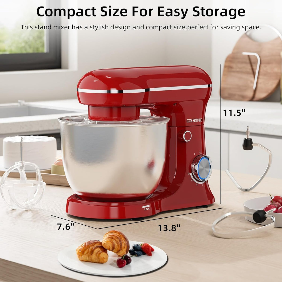Electric Stand Mixer,10 Speeds 660W Tilt-Head Food Mixer, 3-IN-1 Kitchen Mixer for Daily Cooks with 6.5 QT Bowl,Dough Hook, Beater, Whisk (Empire Red)