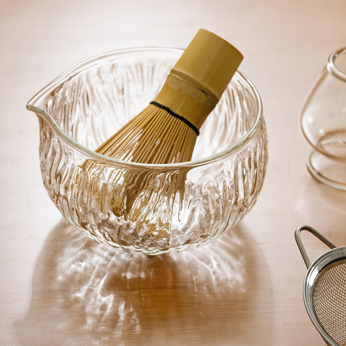 Japanese Tea Set (7pcs) Matcha Whisk Set Matcha Bowl with Pouring Spout Bamboo Matcha Whisk (chasen) Scoop (chashaku) Matcha Whisk Holder Tea Making Kit. WHITE GLASS