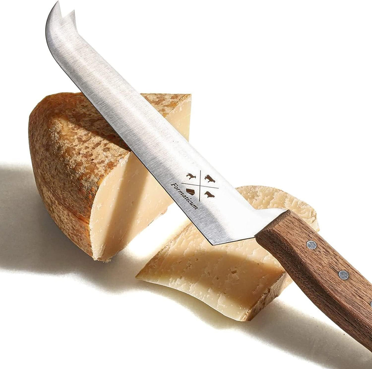 Formaticum - Professional Tasting Cheese Knife - 7" x 1.25" All Types of Cheese Slicer, Stainless Steel Blade, Fork Tip and Walnut Handle, Great Cheese Charcuterie Accessories - Handmade in Italy