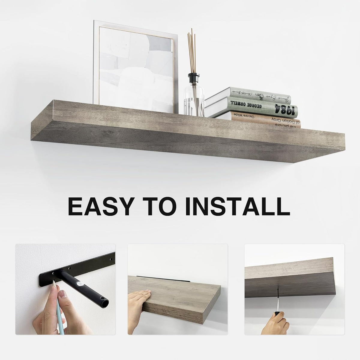 Colima Floating Shelves for Grey Wood Wall Shelf for Bedroom, 24 Inch Wall Mounted Floating Shelves for Bathroom Living Room Kitchen Office, 1.5" Thick Floating Book Shelves for Wall, Set of 3