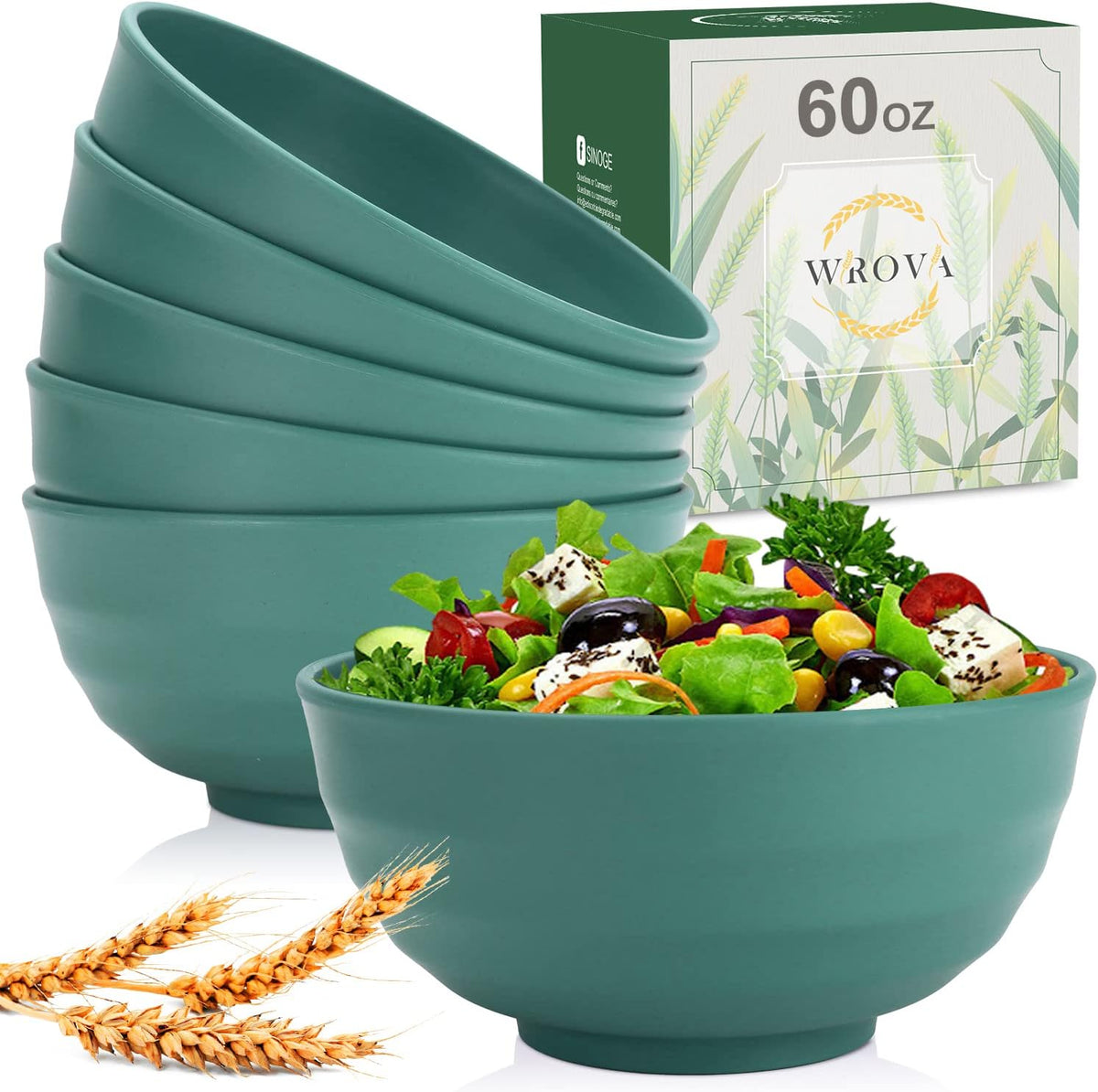 Wheat Straw Bowls Set 60 OZ Unbreakable Large Cereal Bowls Set of 6 Microwave and Dishwasher Safe Bowls Big Bowls for Dorm and Apartment BPA Free Soup Bowl for Serving Oatmeal and Salad (Green)