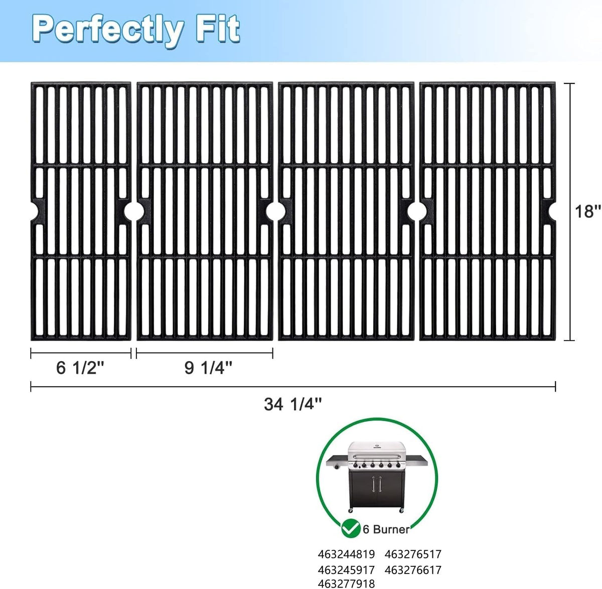 Adviace 18 Inch Grill Grates for Charbroil Performance 6 Burner 463244819, 463276517, 463245917, Cast Iron Grate Grid for Char-Broil Replacement Parts 463276617, 463277918, G470-0002-W1, G470-0003-W1