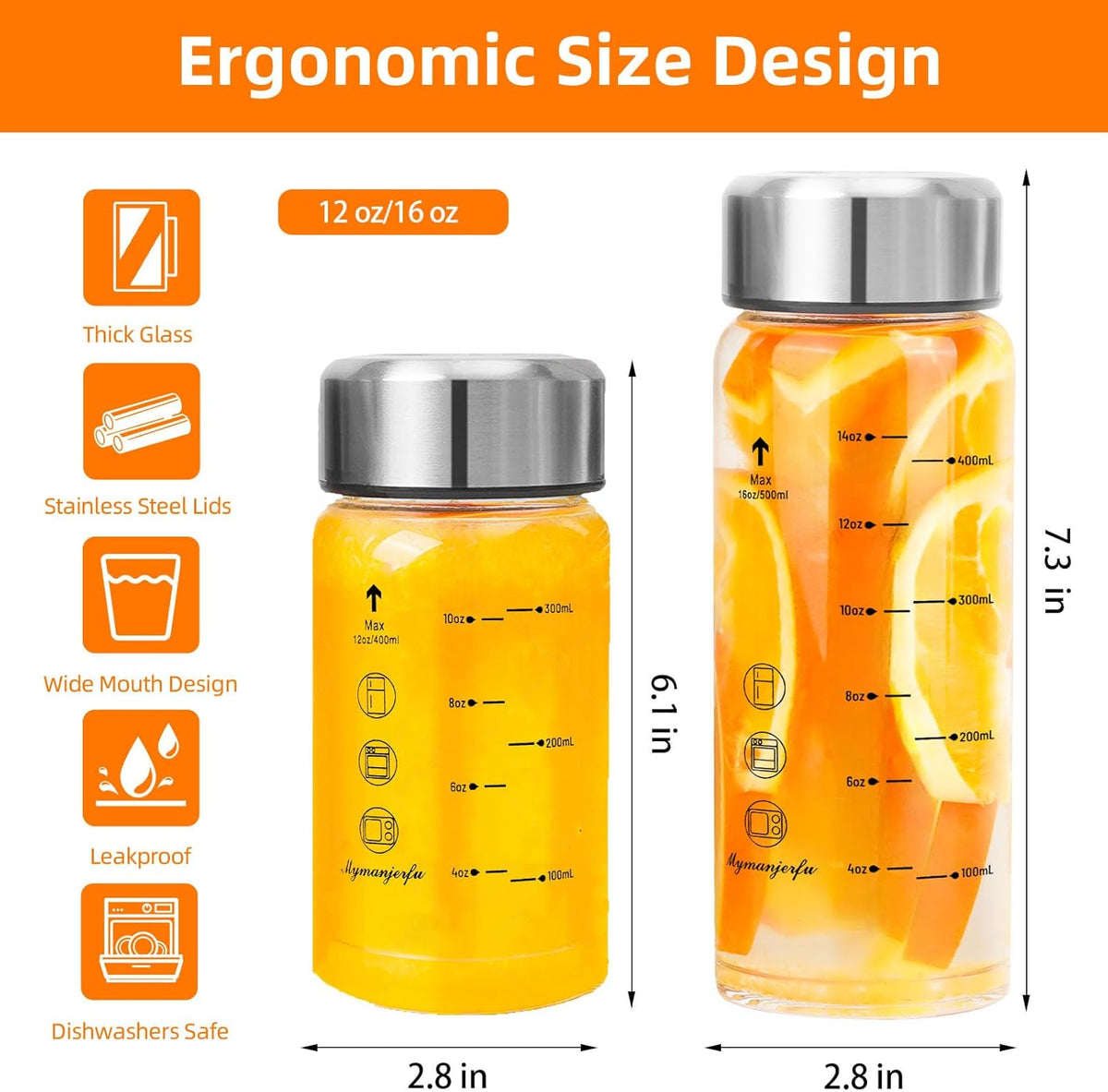 Glass Juice Bottles 4 Pack 12 oz - Wide Mouth Glass Water Bottles with Lids - for Juicing, Smoothies, Milk, Protein, BPA Free, Reusable, Stainless Steel Lids, Leak Proof, Shaker bottle [12oz/400ml]