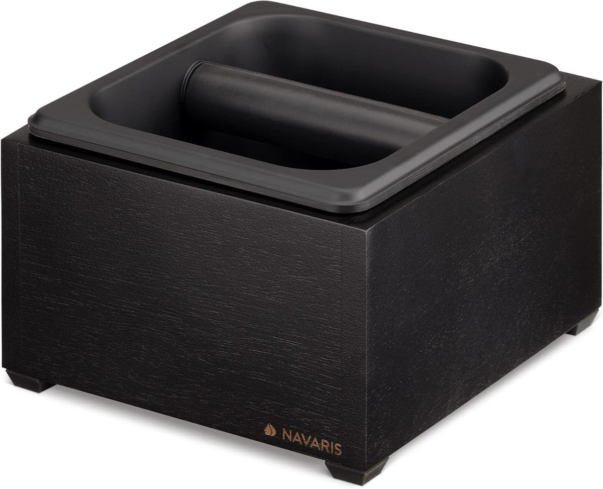 Navaris Coffee Knock Box - Stainless Steel and Wood Bin for Espresso Machine Grounds - With Silicone Bar for Knocking Portafilter Filter Grinds - Black/Black