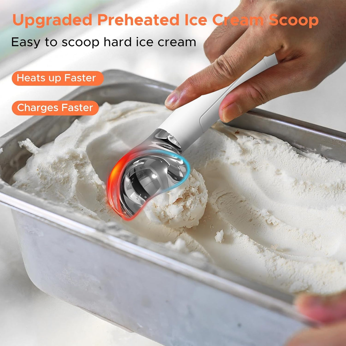 LT LAUDTEC Heated Ice Cream Scoop, Rechargeable Electric Warming Scooper, Heats to 158F for Hard Ice Cream, IP67 Waterproof, Easy for Seniors & Kids (White)