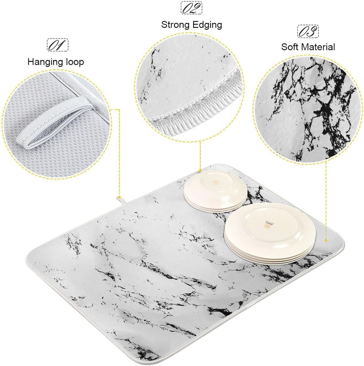 Super Absorbent Dish Drying Mat, Microfiber Fast-Drying Dish Mat, 16" x 18", Kitchen Dish Drying Pad, White Marble