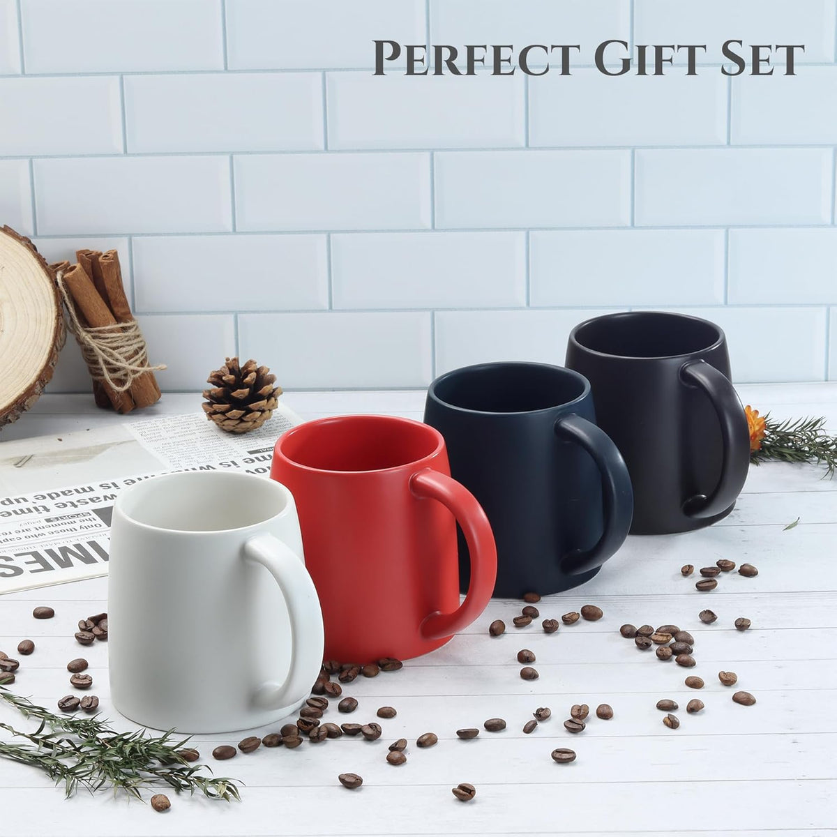 Classic Mug, 14 oz Large Coffee Mug with Handle, Ceramic Porcelain Tea Cup, Smooth Matte (Sliding Lid, Set of 2, White and Navy Blue)