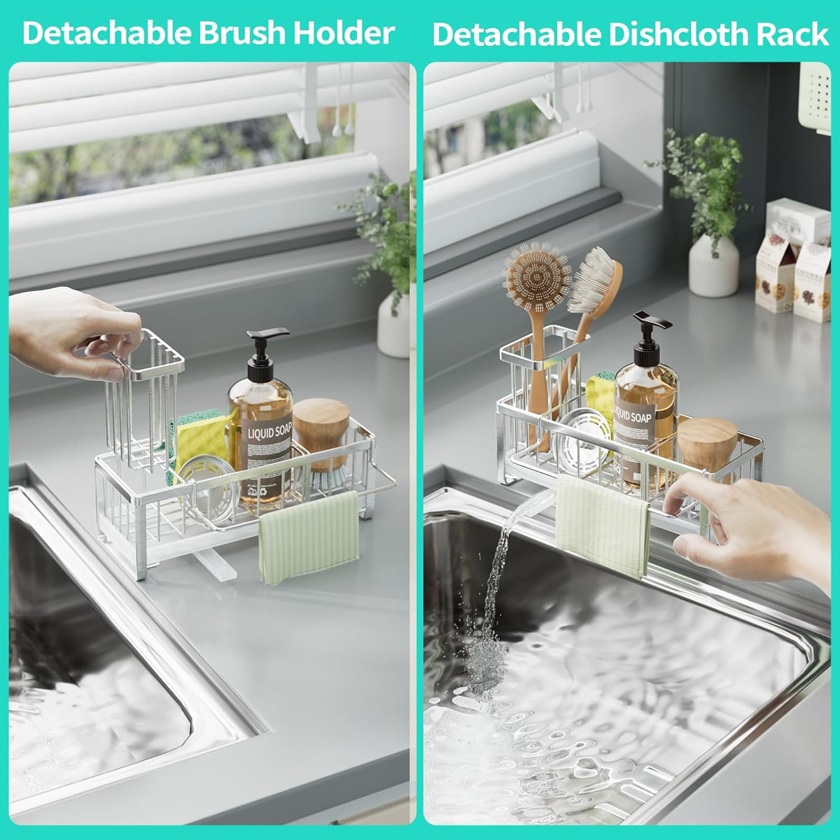 HapiRm Sponge Holder for Kitchen Sink - Self-draining Sink Caddy with Brush Holder and Dishcloth Holder, Stainless Steel Kitchen Organizer - Silver