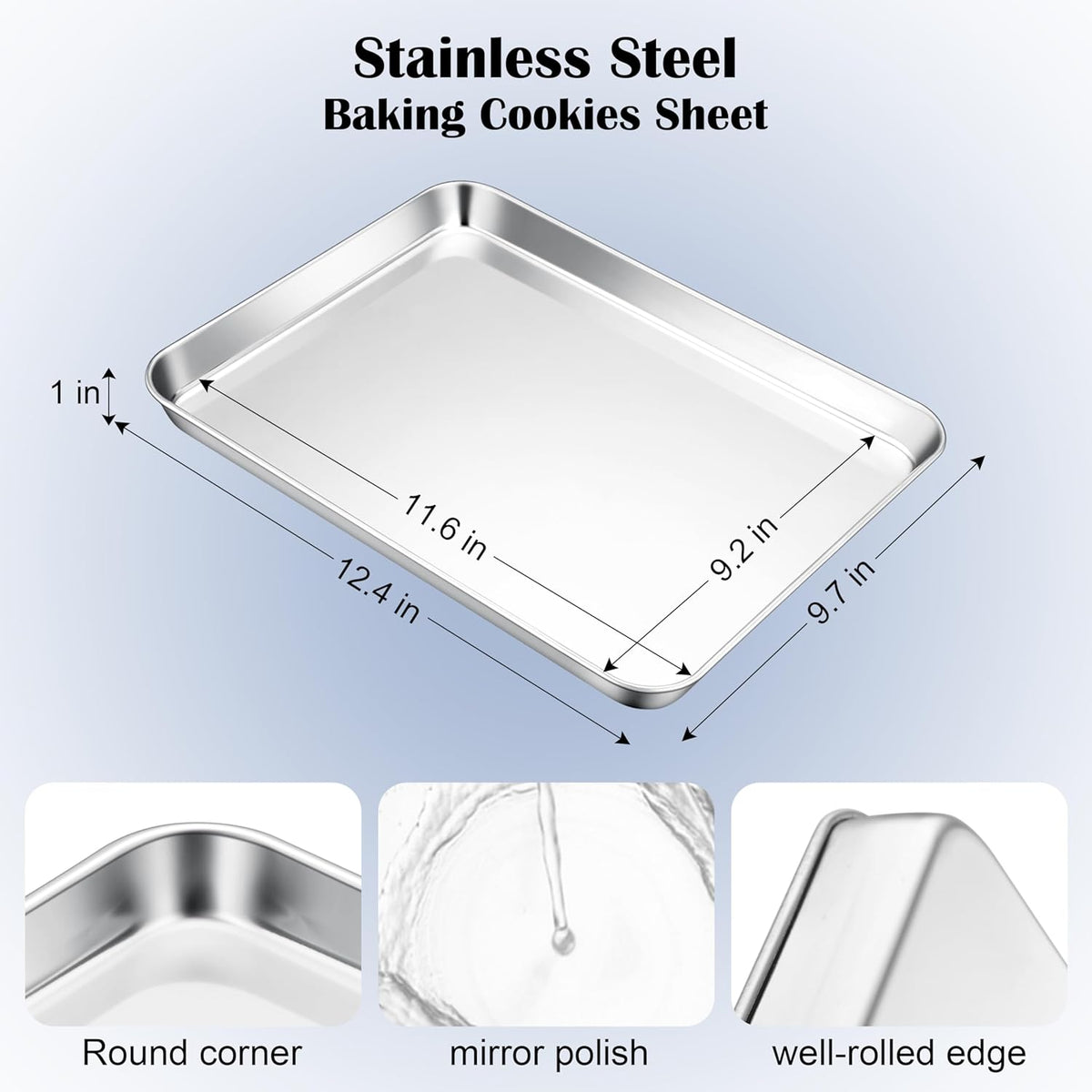 E-far Stainless Steel Baking Sheet, 12.4” x9.7” Baking Cookie Sheet Pan for Oven, Non-toxic Metal Toaster Oven Tray for Cake Cookie, Healthy & Rust Free, Mirror Finish & Dishwasher Safe, 1 Pack