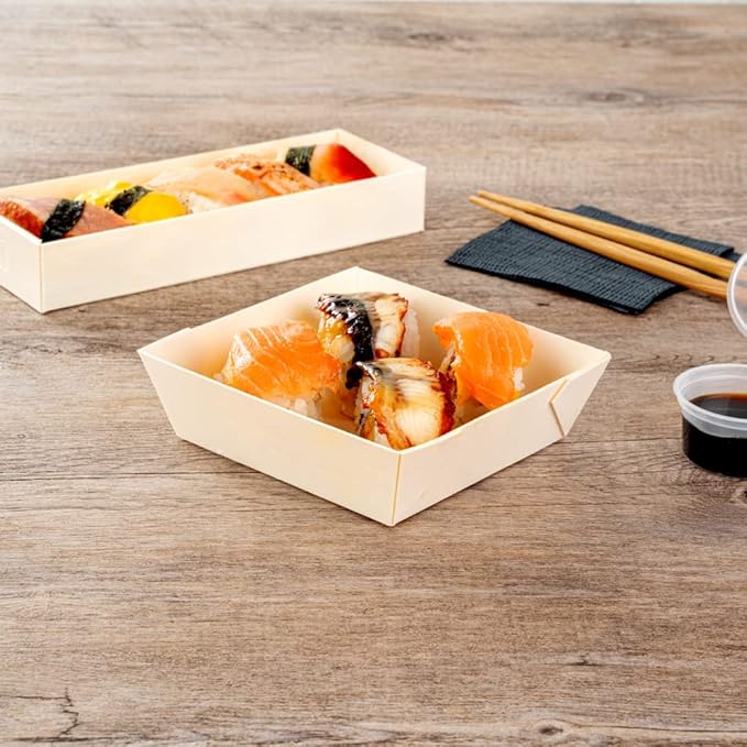 Restaurantware Taipei 14 Ounce Food Containers 100 Square Wooden Bento Boxes - Lids Sold Separately Grease Impermeable Poplar To Go Boxes Disposable Serve Noodles Dumplings And More